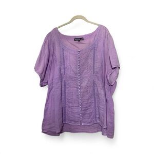 Woman Within Purple Blouse with Button Accents